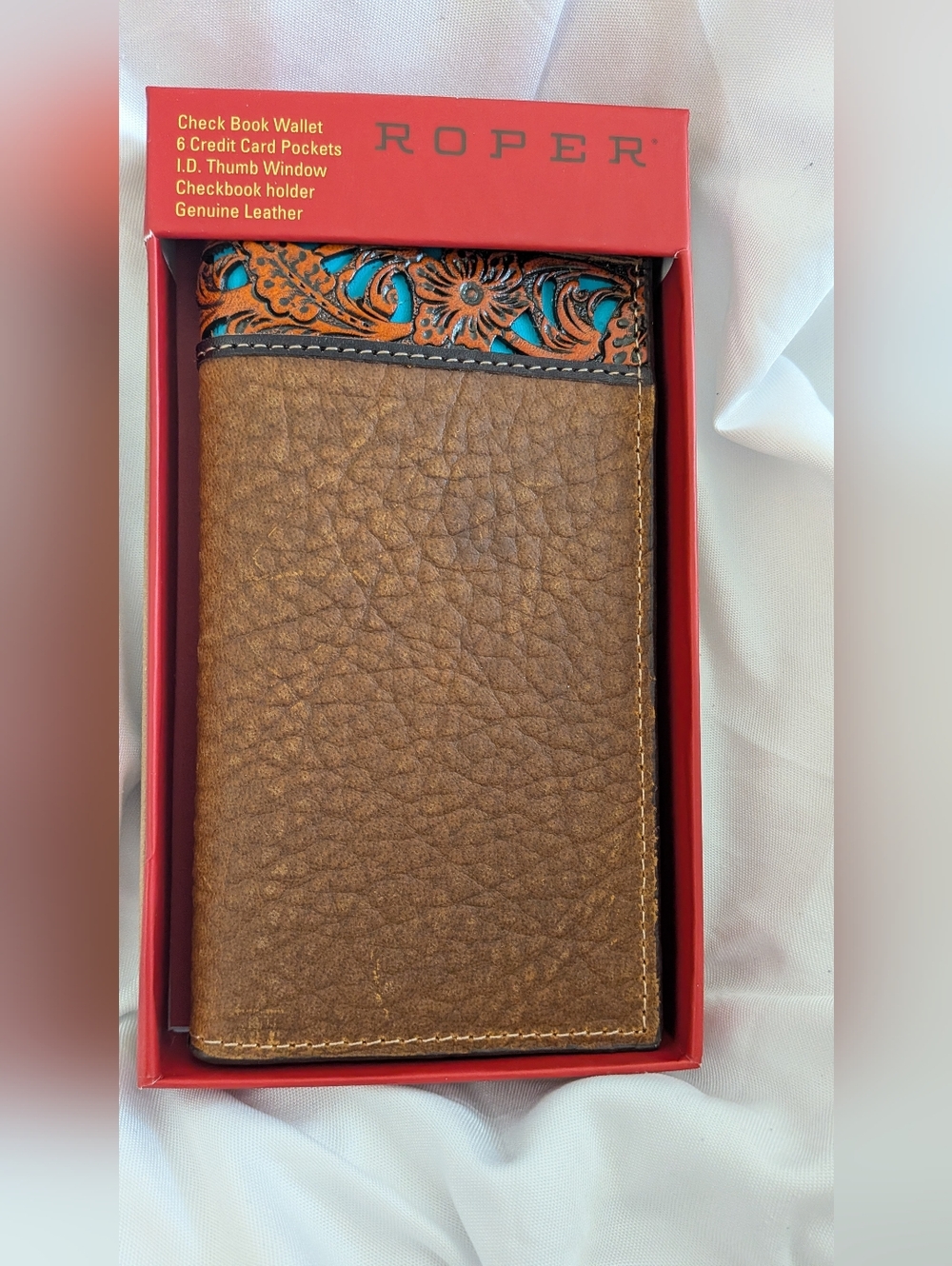 Roper Brown Leather Checkbook Wallet with Turquoise Floral Trim